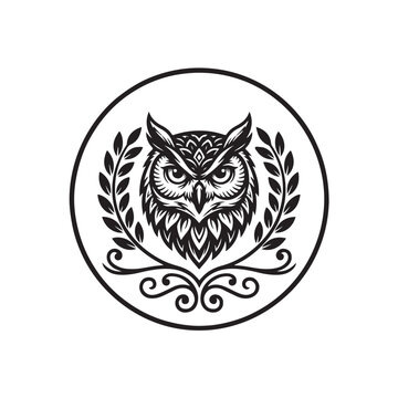 A luxury vector logo featuring an elegant owl head inside a circular badge. Perfect symmetry, clean organized layers, smooth outlines, minimal geometric details, black monochrome, isolated on a white 
