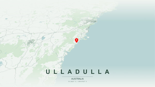 Modern minimalist vector map of Ulladulla, New South Wales. High-quality scalable illustration of Ulladulla geographic boundaries along Ulladulla Harbour foreshore for posters design.