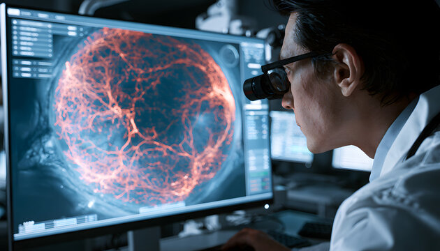 A male ophthalmologist scrutinizes a patient's retina image displayed on a blue monitor. A medical professional uses technology to assess visual health data. A healthcare provider at the clinic inspec