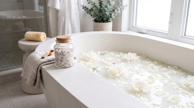Bright modern bathroom interior featuring a bathtub with milky water and flowers, spa wellness, relaxing lifestyle, self care routine, domestic hygiene, peaceful luxury environment.