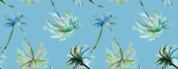 Seamless beach pattern with irregular palm trees painted in watercolor for textiles and design  © Марина Воюш
