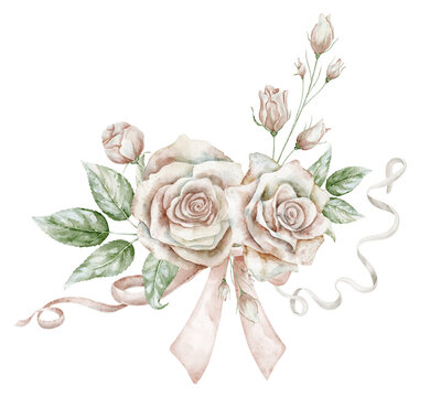 Watercolor Rose Bouquet with ribbons on isolated background. Romantic floral arrangement with soft pastel flowers and elegant decorative details for wedding stationery, invitations, feminine design.