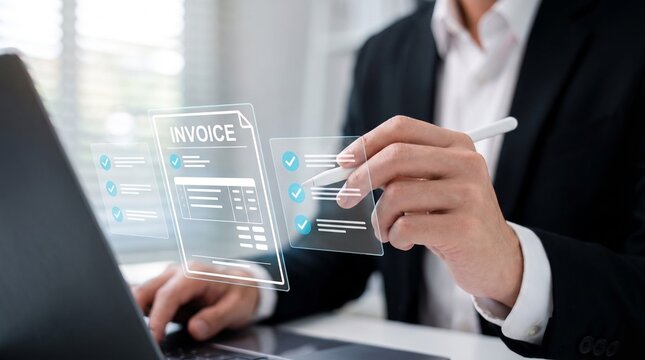online invoicing and digital accounting system concept showing professional managing business payments, financial tax records, and electronic transactions on laptop for efficient corporate balance 