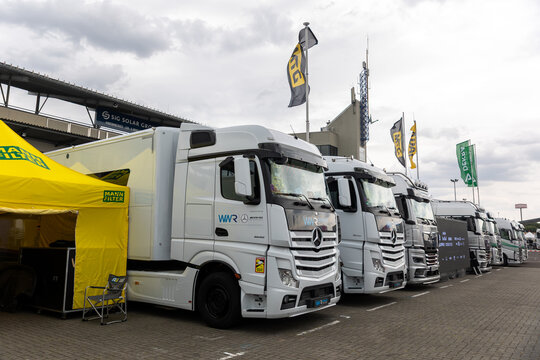 Oschersleben, Germany. 26th July 2026. Mercedes-Benz Actros transporters Winward Racing line paddock Motorsport Arena Oschersleben DTM . WWR brandingnMann-Filter tent