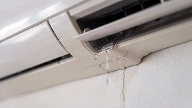 Leaking outdoor air conditioner compressor unit mounted on a house exterior wall with water dripping down. Broken home climate system, condensation trouble and HVAC maintenance problem concept.