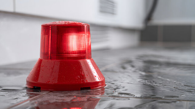 That red warning beacon on a damp floor indicates an urgent plumbing issue, a pipe leak, and necessitates water damage cleanup following a burst pipe.