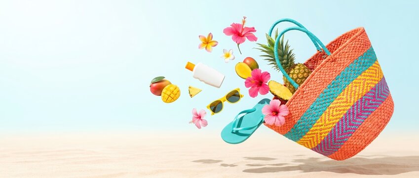 A colorful woven beach bag floats over the sand as tropical fruits, sunglasses, and flip flops fly out against a clear blue sky, summer holiday concept, tropical vacation, seasonal travel.