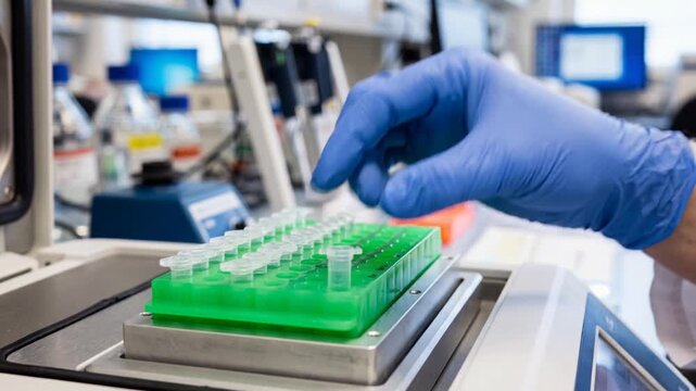Realistic close-up of a laboratory technician loading a PCR tube into a green holder inside an advanced DNA testing machine. Scientific research, medical testing and biotechnology concept.