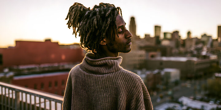Young man with short locs standing on a rooftop overlooking urban skyline at golden hour in an oversized sweater. For background and banner
