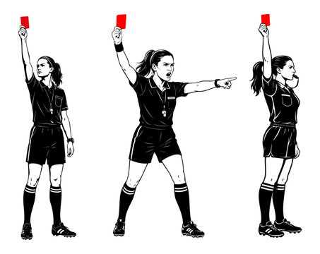 Female Soccer Referee Showing Red Card Black Vector Illustration Set