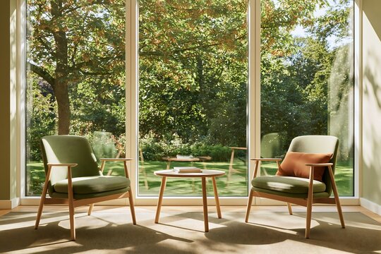 Two green armchairs and a small wooden table facing a large window overlooking a sunny garden
