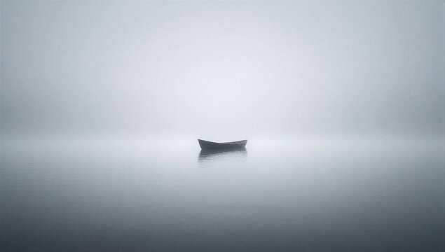 Tiny solitary boat sailing quietly through a vast expanse of thick, white fog over calm water