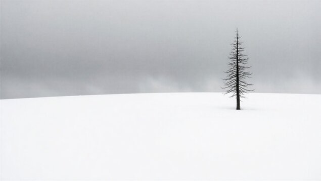 Lone evergreen tree standing in a mysterious, foggy field