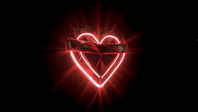 High quality 4K motion graphic of a glowing red neon heart shaped gift box icon floating smoothly over a black void symbolizing romantic love dates and holiday gifts