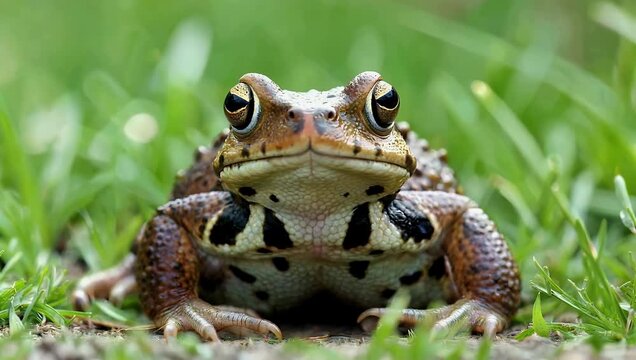 Sharp 4K herpetology close up of a wild textured toad sitting motionless on forest soil looking directly toward the camera to highlight detailed amphibian skin patterns
