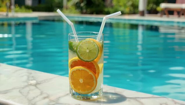 Vibrant vacation themed 4K lifestyle footage capturing a clear glass of cold lemonade packed with lime and orange wedges bobbing inside a bright blue swimming pool during a hot summer holiday