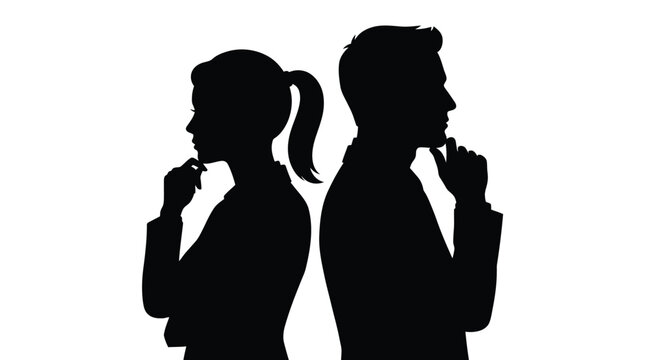 Man and woman silhouette vector illustration depicting deep thinking and contemplation with professional business posture