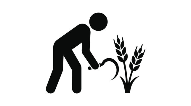 Minimalist vector illustration showing a black silhouette farmer harvesting golden wheat plants with sharp sickle