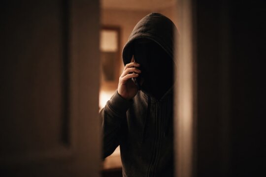 A mysterious person in a dark hoodie makes a secretive phone call, face obscured. Ideal for crime, anonymity, cyber security, and privacy themes.