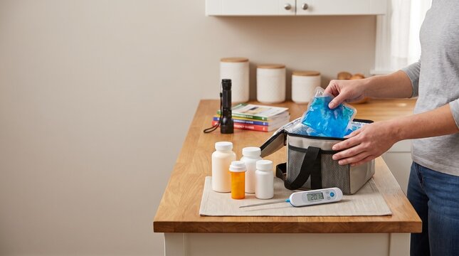 Caregiver preparing medication cooler bag with ice pack at home
