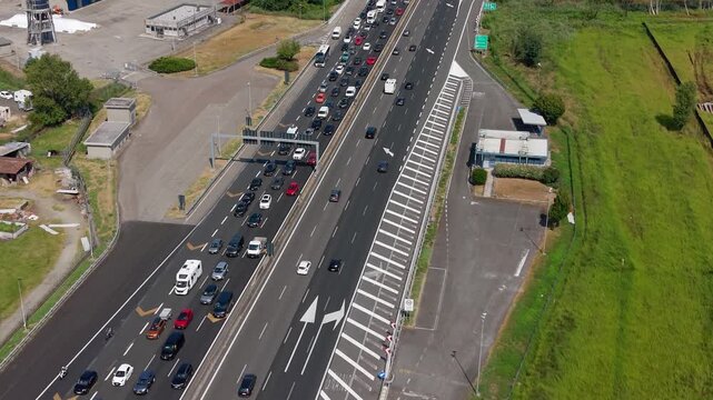 Traffic Jam On A1 Highway Near Milan During Peak Hours