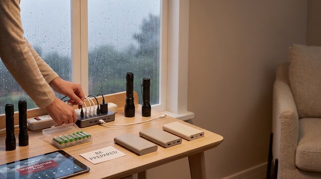 Homeowner charging power banks for emergency preparedness at home