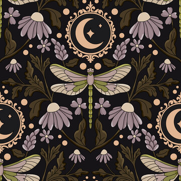 Dark cottagecore celestial dragonfly seamless pattern with crescent moon and art nouveau lavender floral illustration