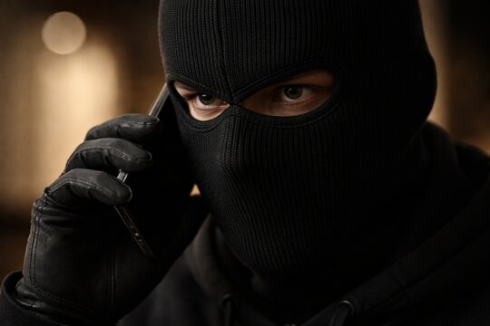 A person in a black balaclava and gloves makes a mysterious phone call. Ideal for illustrating themes of cybercrime, security breaches, data theft, and anonymous communication.