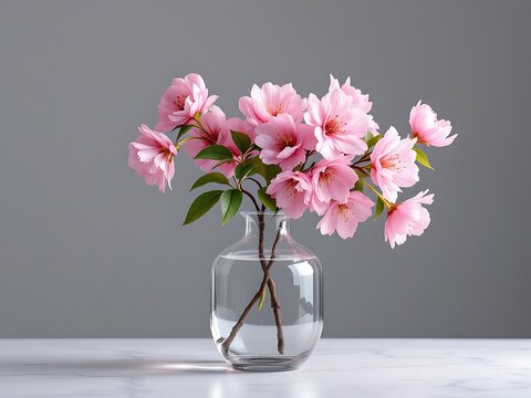 Beautiful pink cherry blossom flowers arranged in clear glass vase
