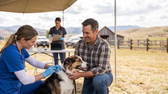 Veterinarian vaccinating farm dog during rural community clinic