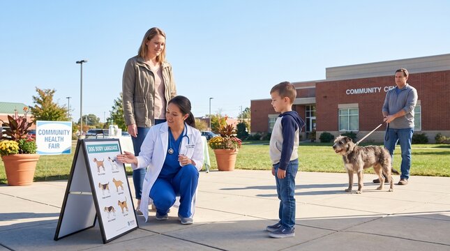 Veterinarian teaching child about responsible dog care at community event