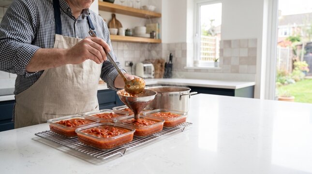 Homemade tomato sauce portioned into containers for freezer storage