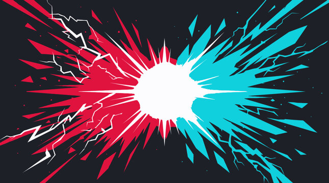 Abstract explosion of red and blue energy with lightning strikes on a dark background