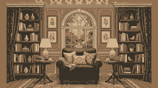 Elegant vintage library with armchair, bookshelves, and arched window overlooking a garden scene