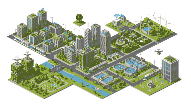 Isometric view of a sustainable smart city with green buildings, renewable energy, and eco-friendly infrastructure