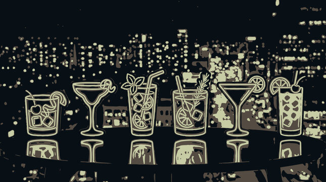 Collection of stylized cocktails and drinks on a bar top with a blurred city skyline at night in the background