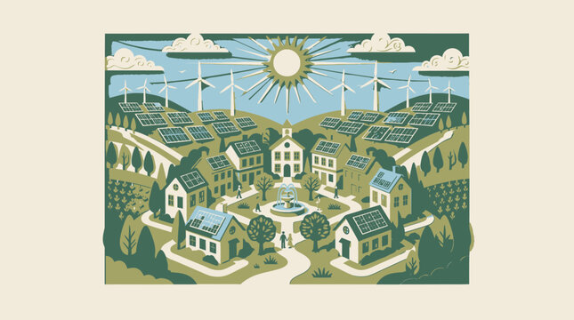 Sustainable green village with solar panels and wind turbines, representing eco-friendly energy and community living