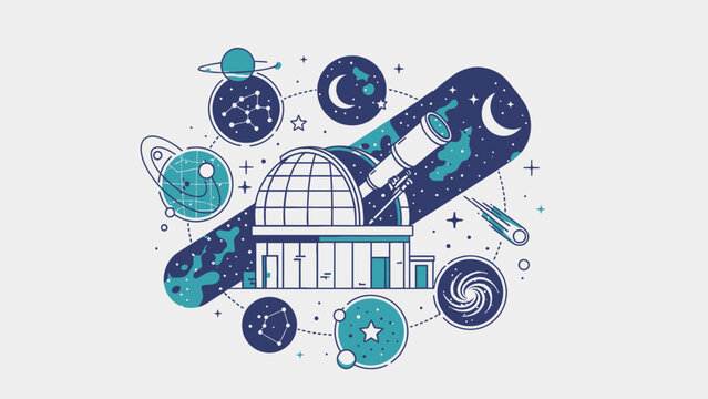 Observatory with telescope exploring planets, stars, constellations, and galaxies in space