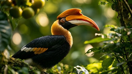 Fototapeta premium Hornbill searches for fruit inside Khao Yai Forest, Thailand.
