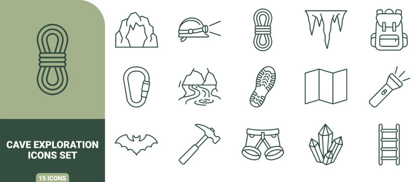 Cave exploration icons set featuring linear symbols for spelunking equipment, underground geology, and outdoor adventure gear