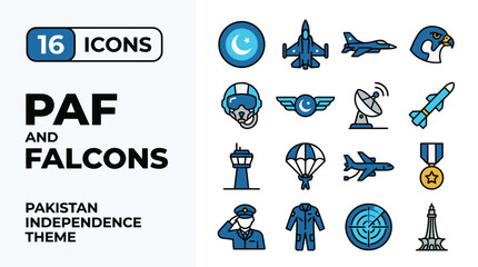 Pakistan Independence Theme Pixel Art Icons Featuring PAF and Falcons © babe