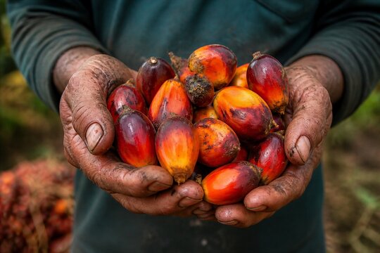 Worker holding harvested palm fruits in muddy hands outdoors