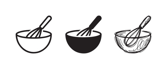 Three Styles of Mixing Bowl and Whisk Icons: Outline, Solid Black, and Hand-Drawn Sketch