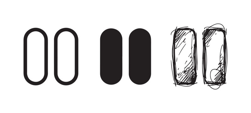 Three Styles of Pause Button Icons: Outline, Solid Black, and Hand-Drawn Sketch