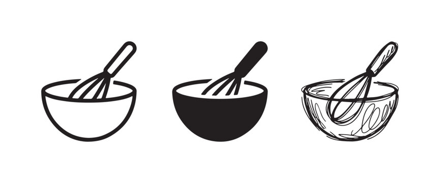 Three Styles of Mixing Bowl and Whisk Icons: Outline, Solid Black, and Hand-Drawn Sketch