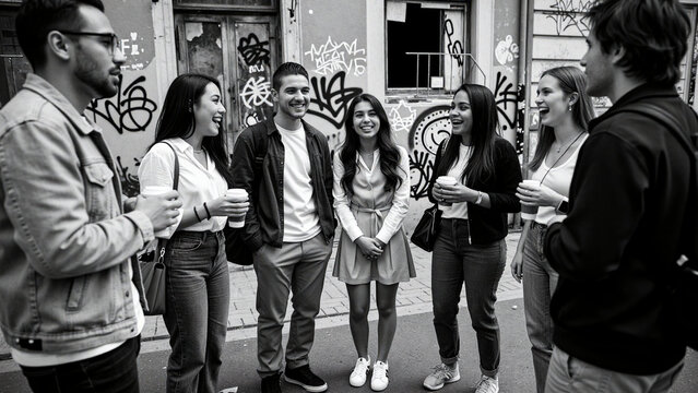 Urban Social Gathering: Friends Conversing Amid Street Art