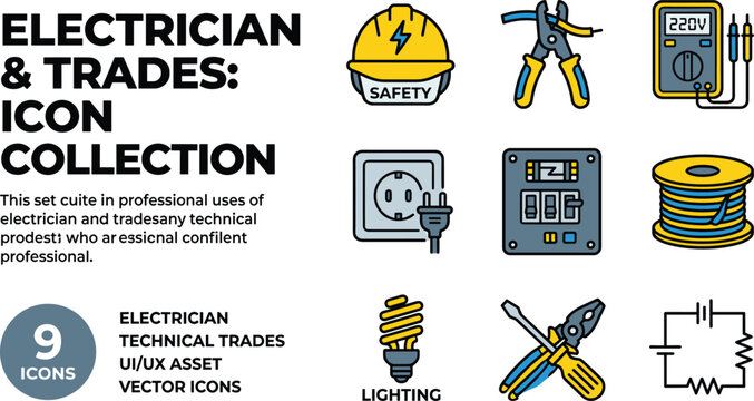 Electrician And Trades Icon Collection Featuring Tools And Equipment