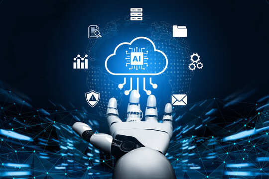 A futuristic robot hand reaches towards a cloud featuring AI symbols, representing the intersection of technology, data management, and artificial intelligence in a digital landscape. Cyphers