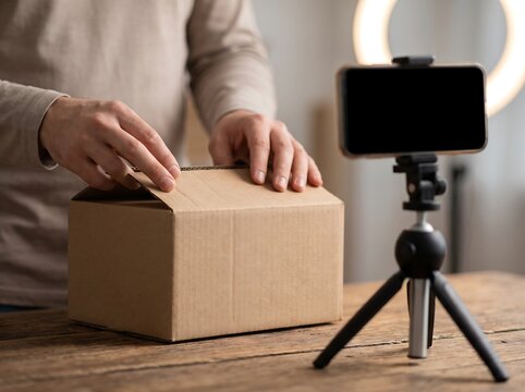 Person filming unboxing video of a cardboard parcel using a smartphone on tripod