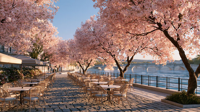 Outdoor cafe terrace with tables and chairs under blooming pink cherry blossom trees by a river
